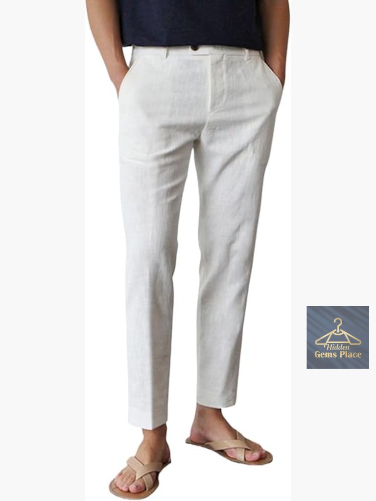 Men's Slim Fit Linen Pants Elastic Waistband Summer Casual Lightweight Tapered